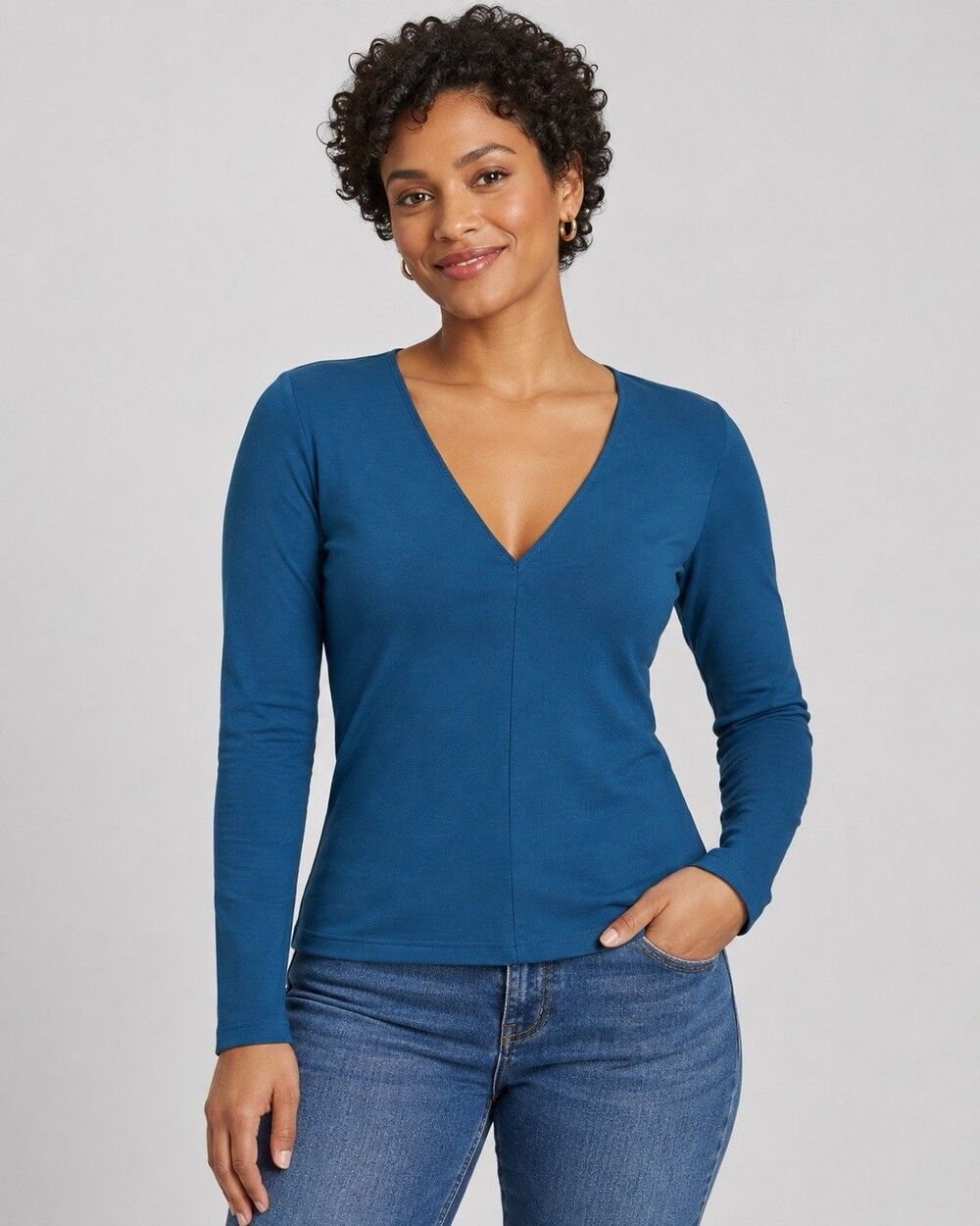 Zara Trafaluc Women’s Teal Blue Deep V Neck Long Sleeve Top Size Medium